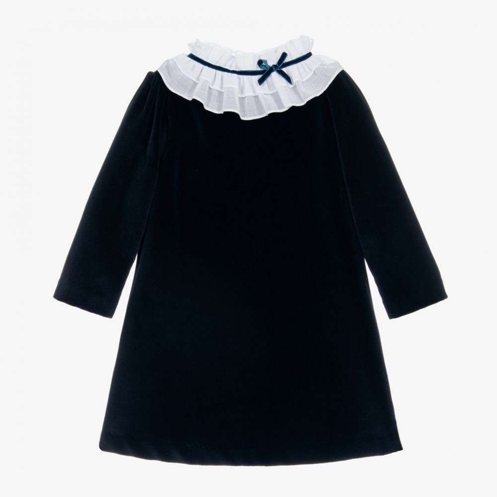 Sarah Louise Elegant Navy Velvet Dress with White Ruffle Collar